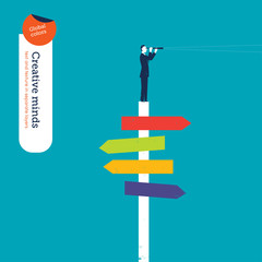 Businessman with spyglass on a crossroad sign