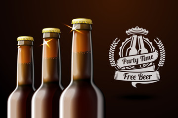 Banner for beer adwertisement with three realistic brown bottles