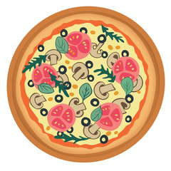 pizza with tomato, mushrooms and olives.