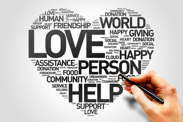 Love, Charity and Productivity Heart word cloud concept