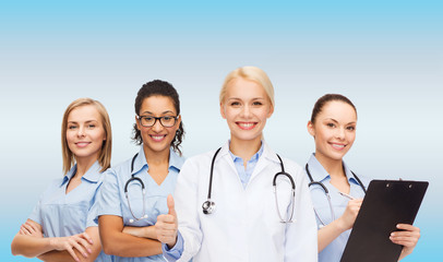 team or group of female doctors and nurses