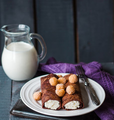 chocolate pancakes with cottage cheese with raspberry