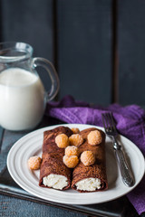 chocolate pancakes with cottage cheese and condensed milk with b