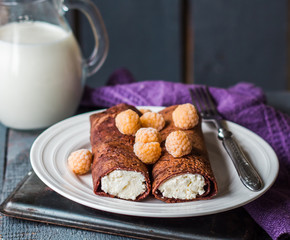 chocolate pancakes with cottage cheese and condensed milk with b