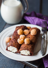 chocolate pancakes with cottage cheese and condensed milk with b