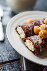chocolate pancakes with cottage cheese and condensed milk with b