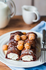 chocolate pancakes with cottage cheese and condensed milk with b