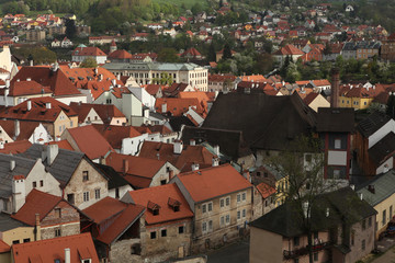 Fototapeta na wymiar Tiled roofs in Cesky Krumlov, Czech Republic.