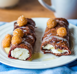 eat chocolate pancakes with cottage cheese and condensed milk,br