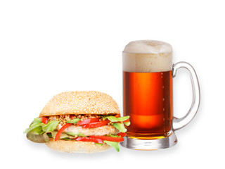Glass of beer and homemade burger isolated on white background