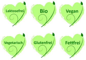 Vegan - Bio - Laktosefrei - Buttons Logos