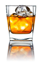 whiskey and natural ice isolated on white