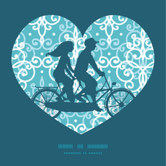 Vector light blue swirls damask couple on tandem bicycle heart