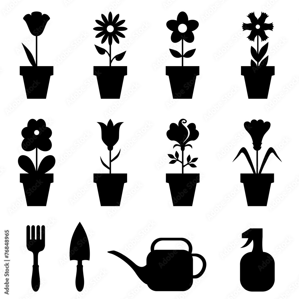 Sticker Pot flowers icons set