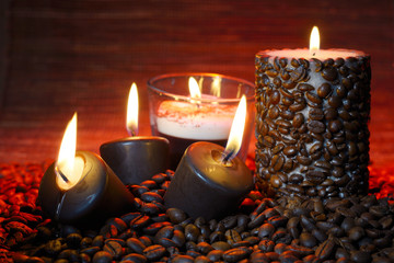 coffee beans and burning candles