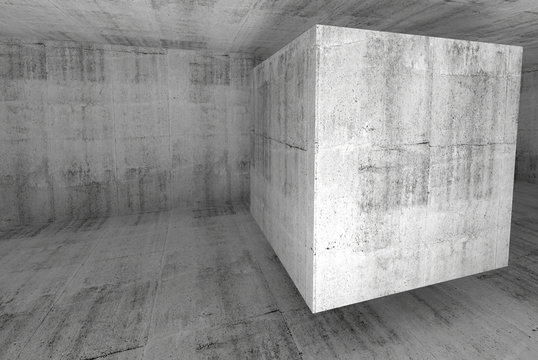 Abstract white concrete room 3d background with cube