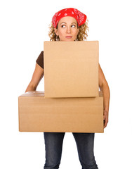 Boxes: Woman Carrying Stack Of Cardboard Boxes