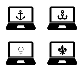 Symboles sur 4 écrans d'ordinateurs