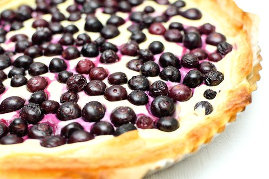 Closeup shot of the blueberry cheese pie in a form.