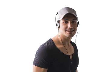 Young man with headphone listening to music