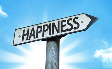 Happiness sign with sky background
