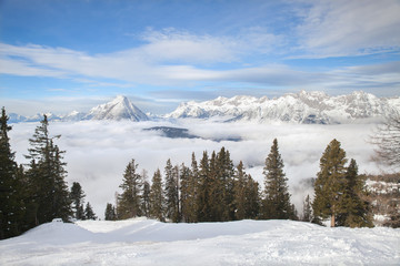 Fototapeta na wymiar The top view of Seefeld Olympia ski region on sunny winter day.