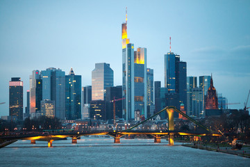 The evening view of Frankfurt am Mine skyscrapers, Germany - obrazy, fototapety, plakaty