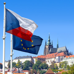 Naklejka premium Flag, Prague castle and Lesser town, Prague, Czech republic