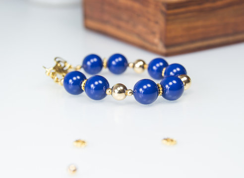 Dark Blue Beaded Bracelet With Gold Clasp