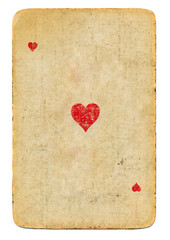 old playing card ace of hearts used paper background isolated