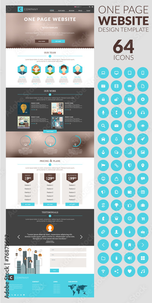 Wall mural one page website vector template in flat style with icon set