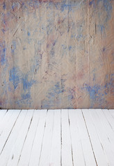 Empty a color Interior of vintage room without ceiling from paint grunge stone wall and old wood floor. Pattern gallery to the exhibition as perfect background for your concept . Realistic 3d