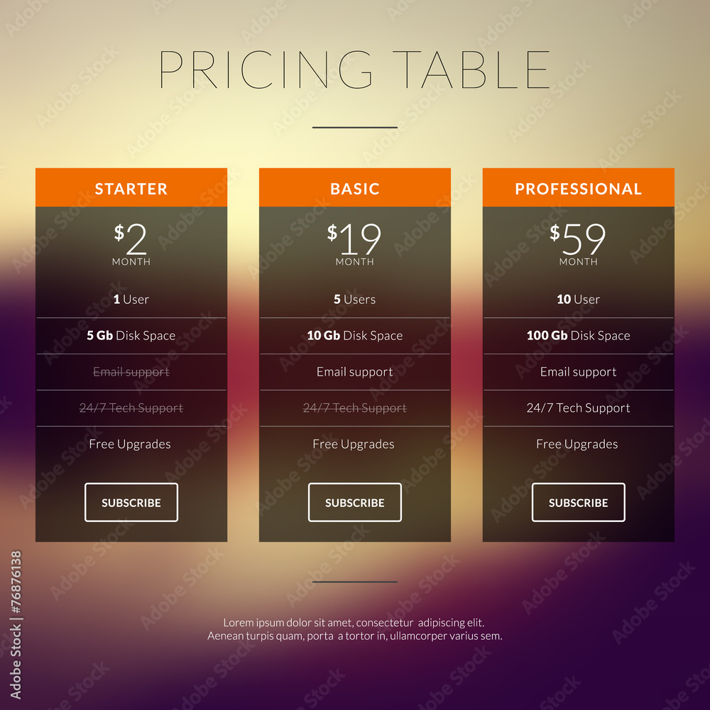 Wall mural vector pricing table in flat design style