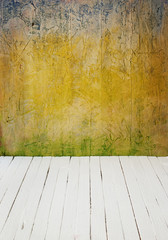 Empty a color Interior of vintage room without ceiling from paint grunge stone wall and old wood floor. Pattern gallery to the exhibition as perfect background for your concept . Realistic 3d