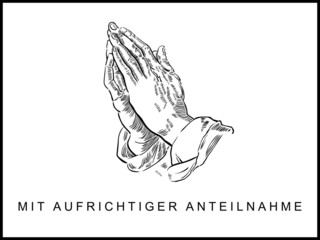 Trauerkarte mit betenden Händen, gezeichnet, schwarz, weiß