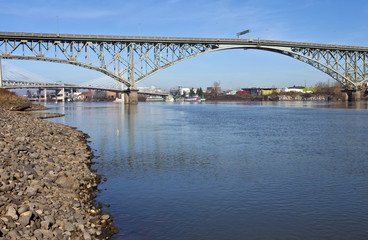 Ross Island bridge and river Portland Oregon.