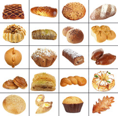 Collage of different pastries and bakery items, isolated