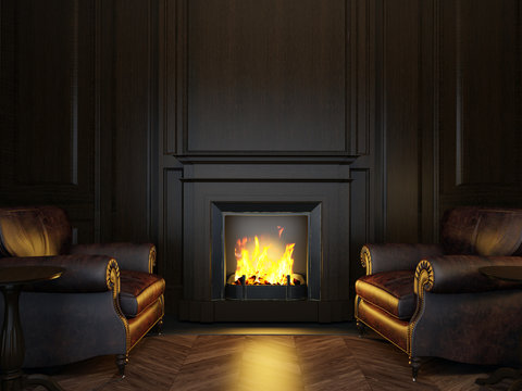 armchairs and fireplace
