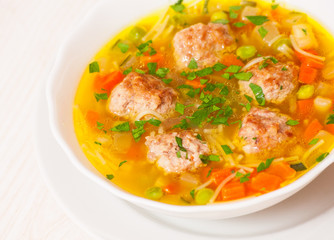 Soup with meatballs, noodle and vegetables