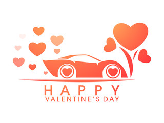 Happy Valentines Day celebration with car and hearts.
