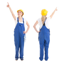 front and back view of woman in builder uniform pointing at some