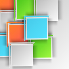 Abstract design of colorful squares on grey background.
