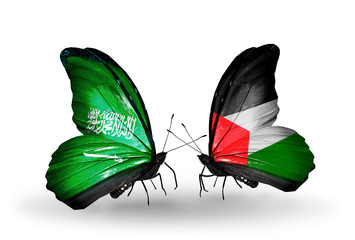 Two butterflies with flags Saudi Arabia and Palestine