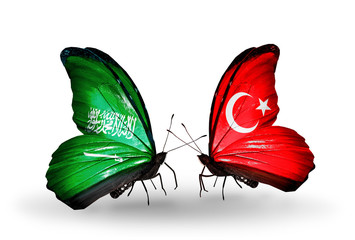 Two butterflies with flags Saudi Arabia and Turkey