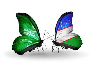 Two butterflies with flags Saudi Arabia and Uzbekistan