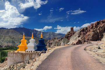 Three buddhist stupas at Leh, Ladakh, Jammu and Kashmir, India - obrazy, fototapety, plakaty