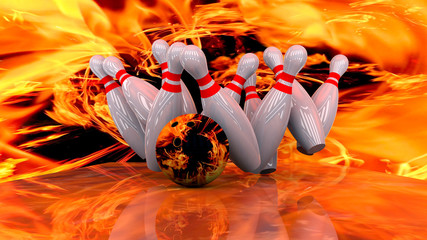 3d render of a bowling ball crashing into the pins