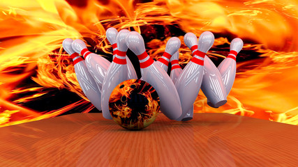 3d render of a bowling ball crashing into the pins
