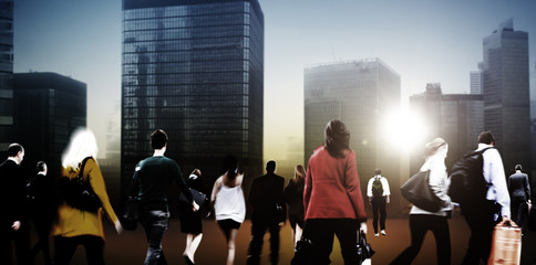 People Commuter Walking Rush Hour Cityscape Concept