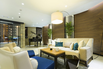 Hotel lobby cafe interior in the evening 